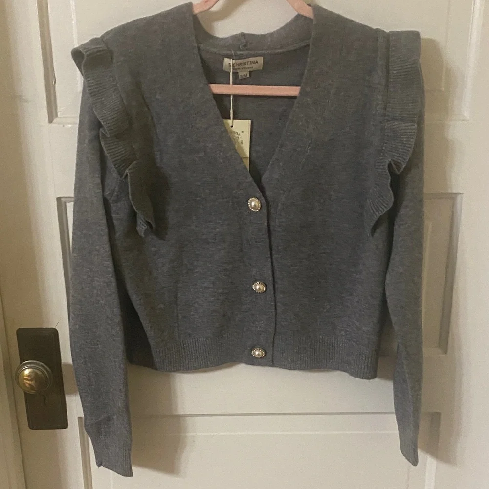 Christina Gray Ruffle Shoulder Cardigan Sweater Gold Pearl Buttons Size S/M